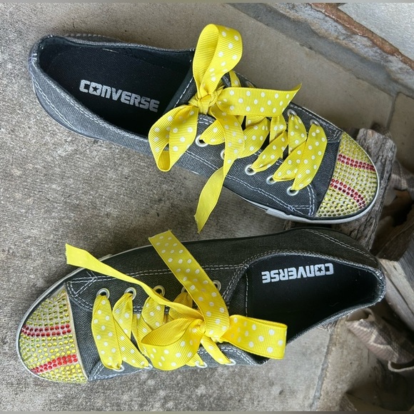 Converse All Star grey Sneakers w/Yellow laces & bling colorful toe Sz-8. Ps - Picture 3 of 9